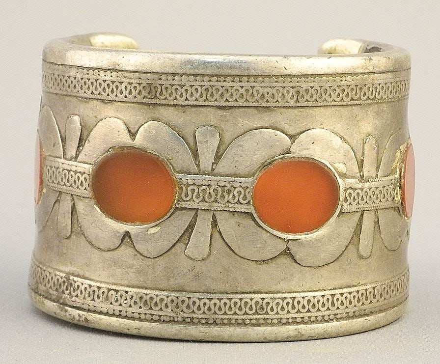 Turkmenistan Silver Alloy Cuff Bracelet, Carnelian Features, 97 Gms , 1 3/4"W. (1 of 3)