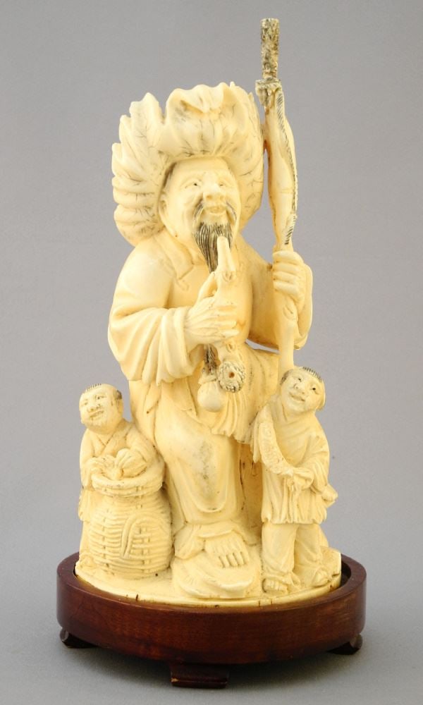 Chinese Carved Smoking Fisherman Group on Stand,  7 1/8 x 3 3/8 x 3", No Export. (1 of 11)