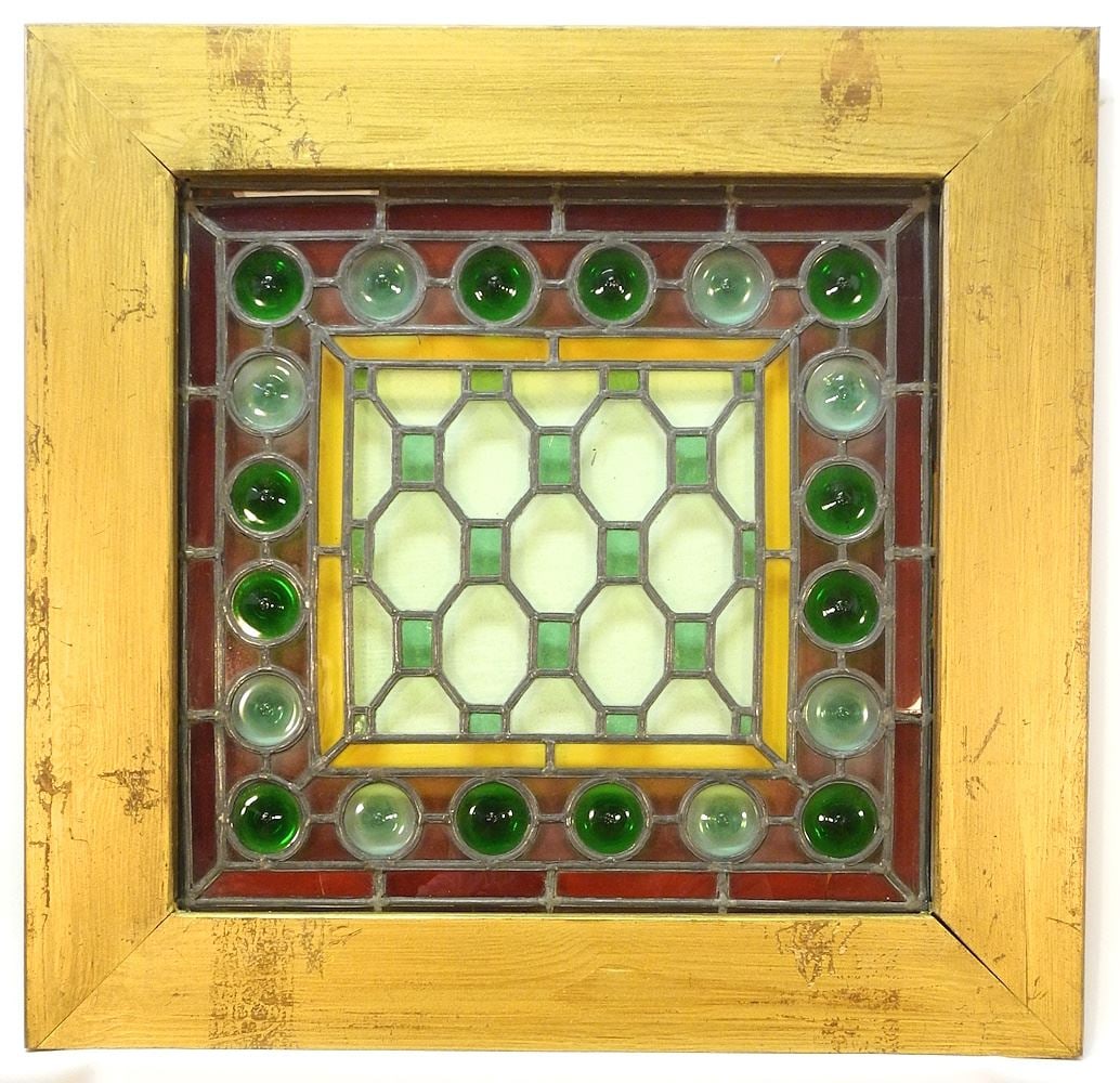 2 Belgian Leaded Glass Windows, Framed Glass, 17" x 17 1/2" (as found). (1 of 2)