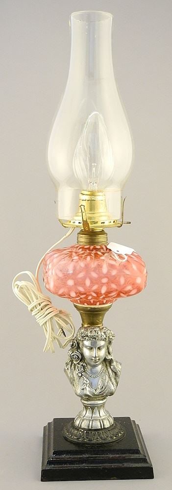 Antique American Cranberry Opalescent Figural Lamp, 12"H.: Antique American Cranberry Opalescent Figural Lamp, 12"H.