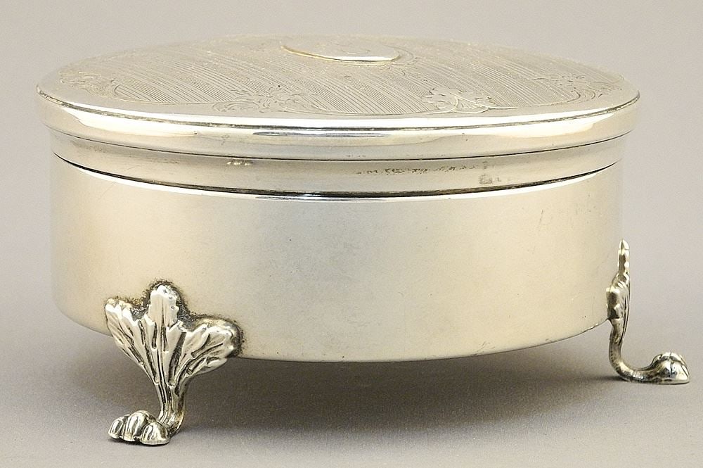 Birks Sterling (marked) Dresser Box, 2" x 3 3/4" Diameter, Monogrammed J. TW 205 Grams. (1 of 6)