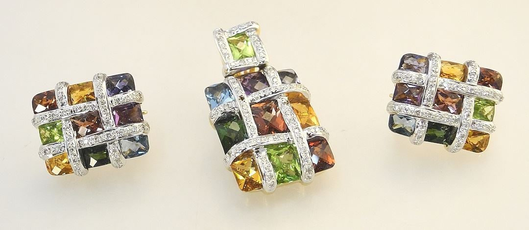 Bellarri 18K Yellow Gold & Mosaic Gemstone Earrings & Pendant. (1 of 4)