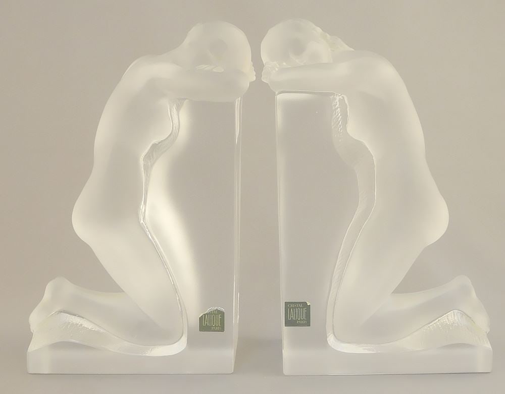 Lalique France Crystal "Reverie" Bookends, #11850, each 8 3/4 x 3 1/8 x 5 1/4". (1 of 9)