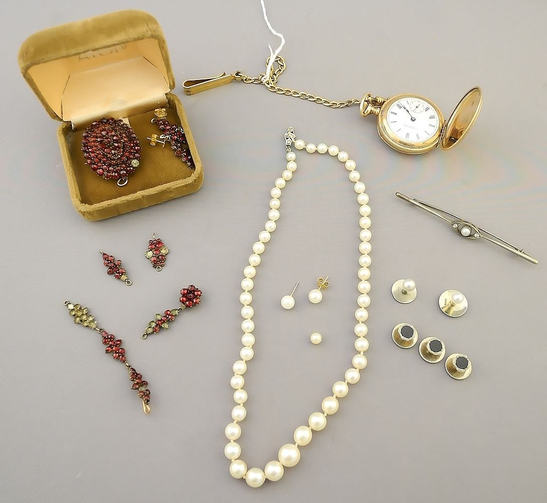 Cultured Pearls, Garnet Brooch & Earrings, Ladies Gold Plated Watch, Metal Bar Pin & Earrings, (1 of 1)