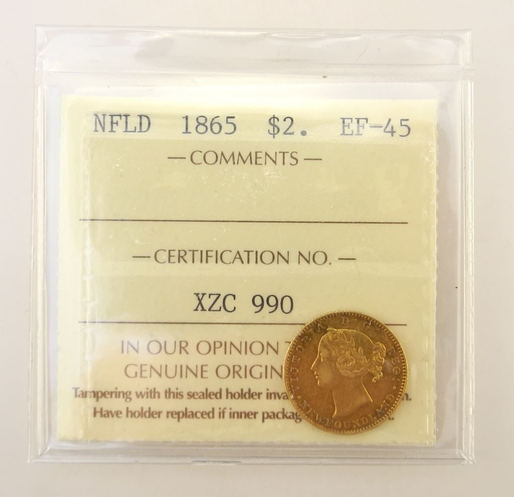 Newfoundland $2 1865 Victoria Gold Coin ICCS Grade EF45, Approx. 3.05G. (1 of 5)