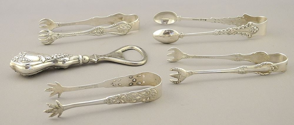 Antique Sterling Tongs & Bottle Opener Collection (5 pieces). (1 of 3)