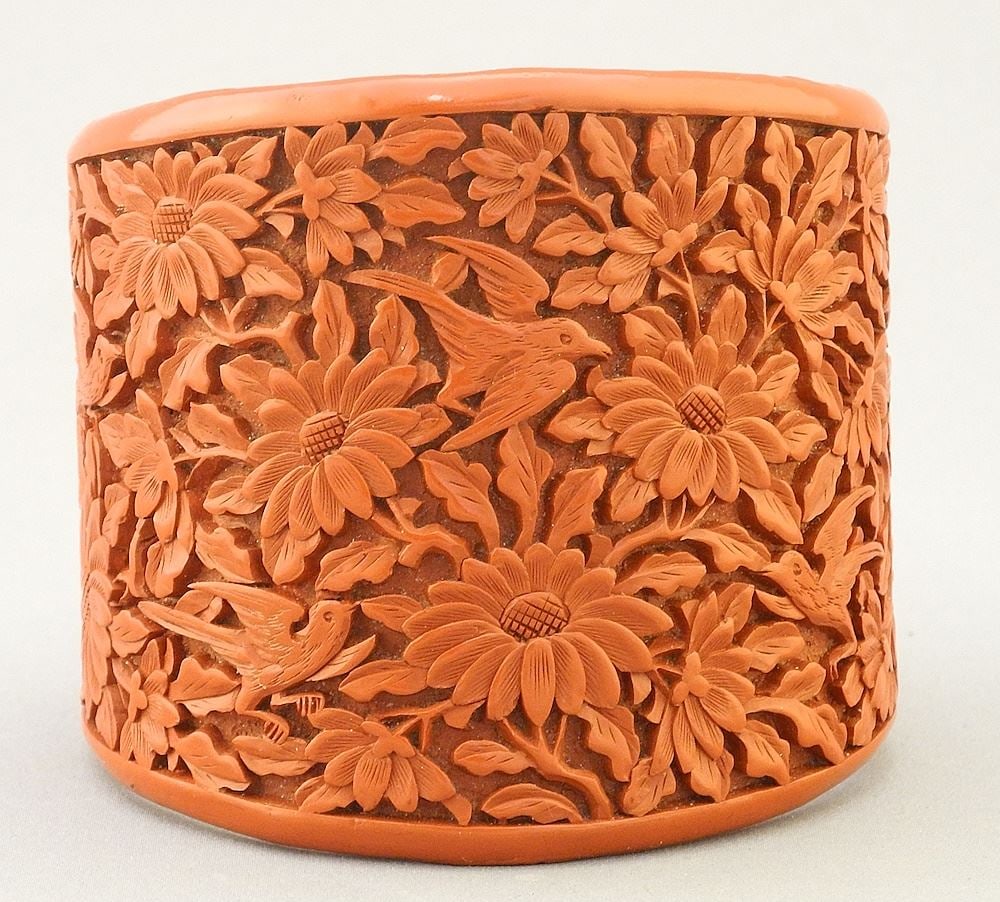 Chinese Carved Cinnabar Lacquer Cuff Bracelet, 2 3/4 x 2 7/8 x 2 1/2", Marked China (1 of 4)