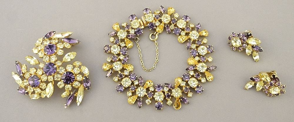 Sherman (marked) Lemon & Amethyst Tone Demi-parure, Bracelet missing stone: Sherman (marked) Lemon & Amethyst Tone Demi-parure, Bracelet missing stone