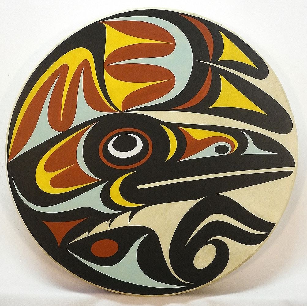 Coast Salish Drum signed Maynard Johnny Jr. 2018, 19 3/4" Diam. x 2 3/4", "Raven Design". (1 of 8)