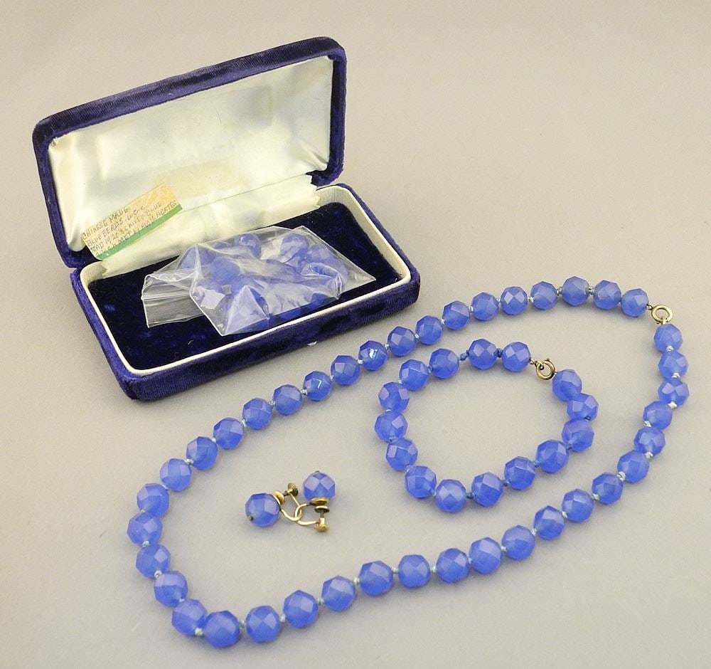Chinese Art Deco Blue Glass Demi- Parure, Necklace 20"L.: Chinese Art Deco Blue Glass Demi- Parure, Necklace 20"L.
