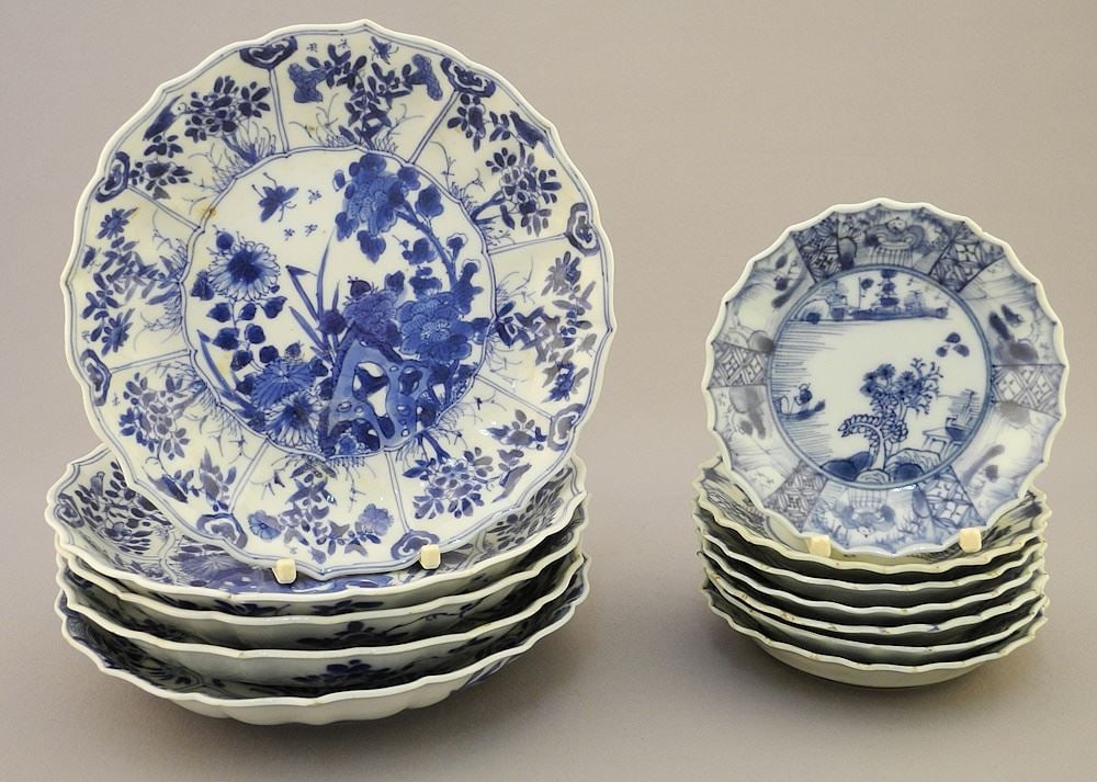 Collection of 12 Kangxi Blue & White Porcelain Dishes, 6 1/8" Diameter (damage & restoration note (1 of 9)
