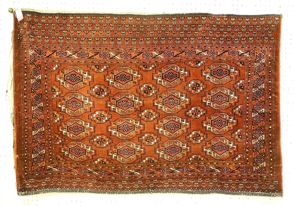 Unusual Turkomen Pile Textile with Continuous Backing, Approx. 6'8" x 4", Kermes Tone Motifs.: Unusual Turkomen Pile Textile with Continuous Backing, Approx. 6'8" x 4", Kermes Tone Motifs.