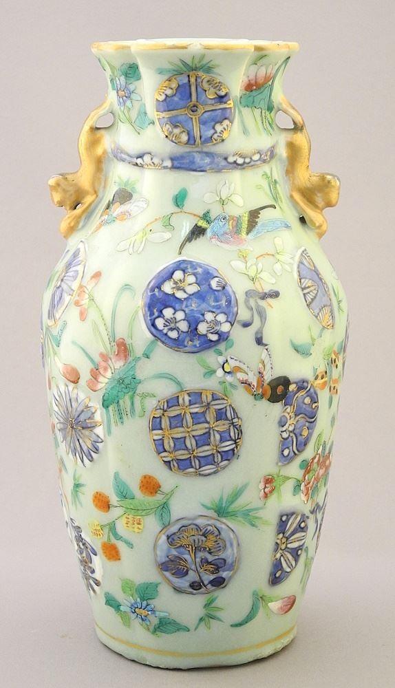 Chinese Turquoise Glaze Vase with Blue & White Features & Gathered Neck, 9 1/4"H (chip noted) (1 of 9)