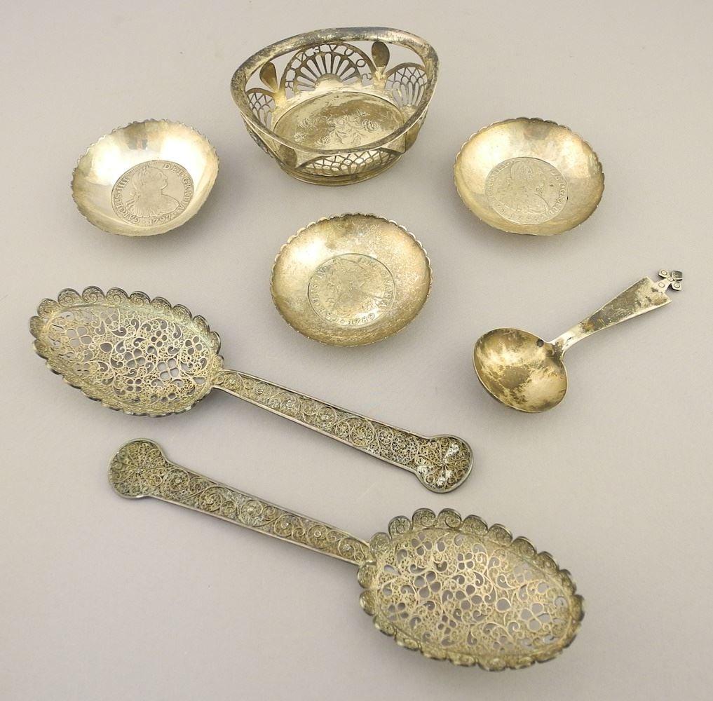 Collection of Dutch Silver & Batavian Filigree Wares, 7 1/2"L, 250 grams. (1 of 10)