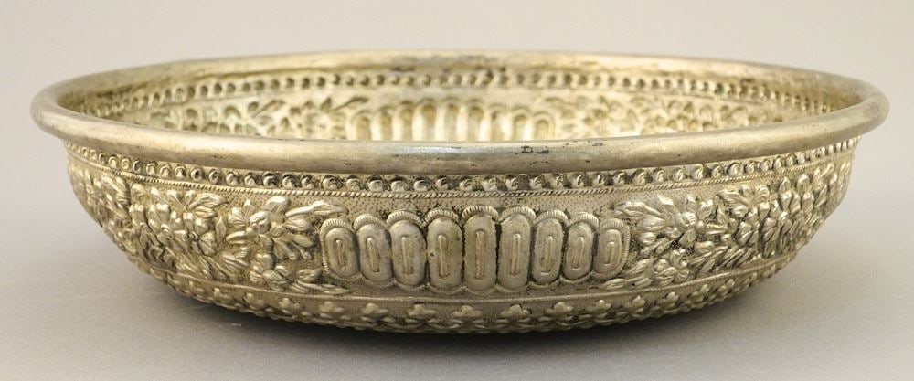 Indonesian Silver Alloy Embossed Bowl, 2 1/8" x 8 3/4" Diameter.: Indonesian Silver Alloy Embossed Bowl, 2 1/8" x 8 3/4" Diameter.