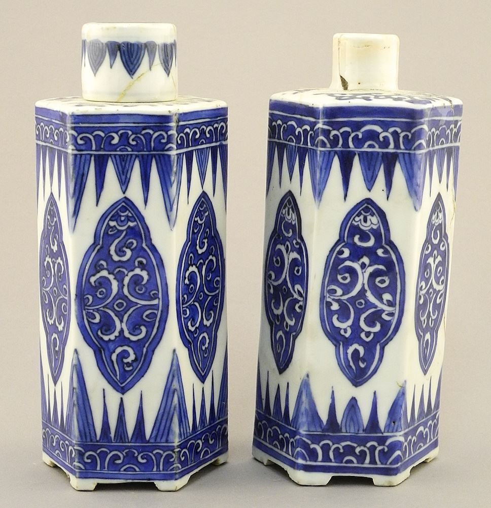 Pair of Hexagonal Chinese Blue & White Bottles with One Cup (as found). (1 of 7)