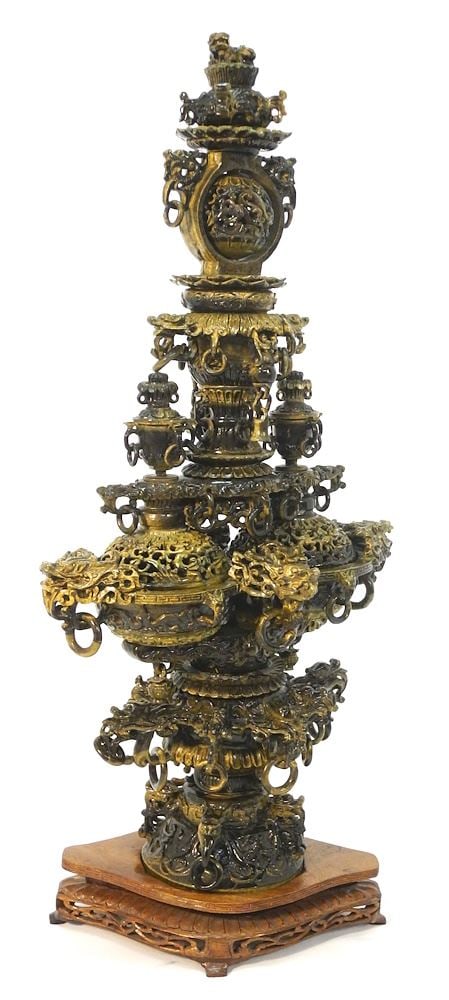 Chinese Carved Tigers Eye Censer, 24 1/4" h.: Chinese Carved Tigers Eye Censer, 24 1/4" h.