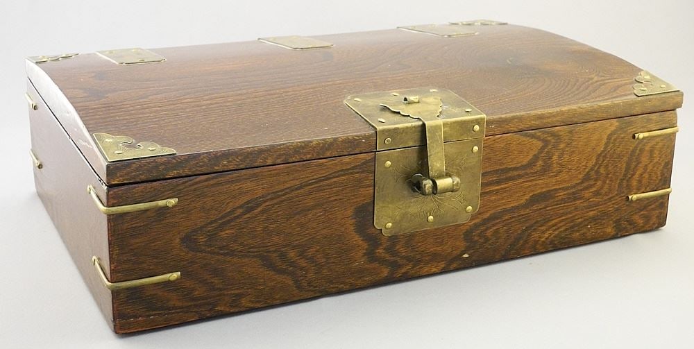 Asian Elm Brass Mounted Box, 4 1/8" x 14 1/2" x 9 1/4". (1 of 8)