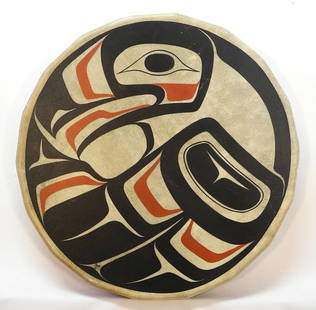 Northwest Coast Drum Monogrammed S. 2016, 20 1/2" Diameter x 2 7/8", "Raven Design".: Northwest Coast Drum Monogrammed S. 2016, 20 1/2" Diameter x 2 7/8", "Raven Design".