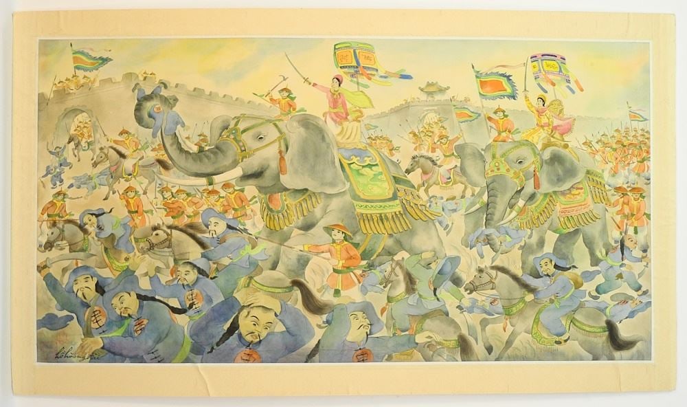Watercolour on Silk signed Ho Hoang Dai (Hoang dai Ho), 19 x 36 1/2", "Battle with Elephants". (1 of 10)