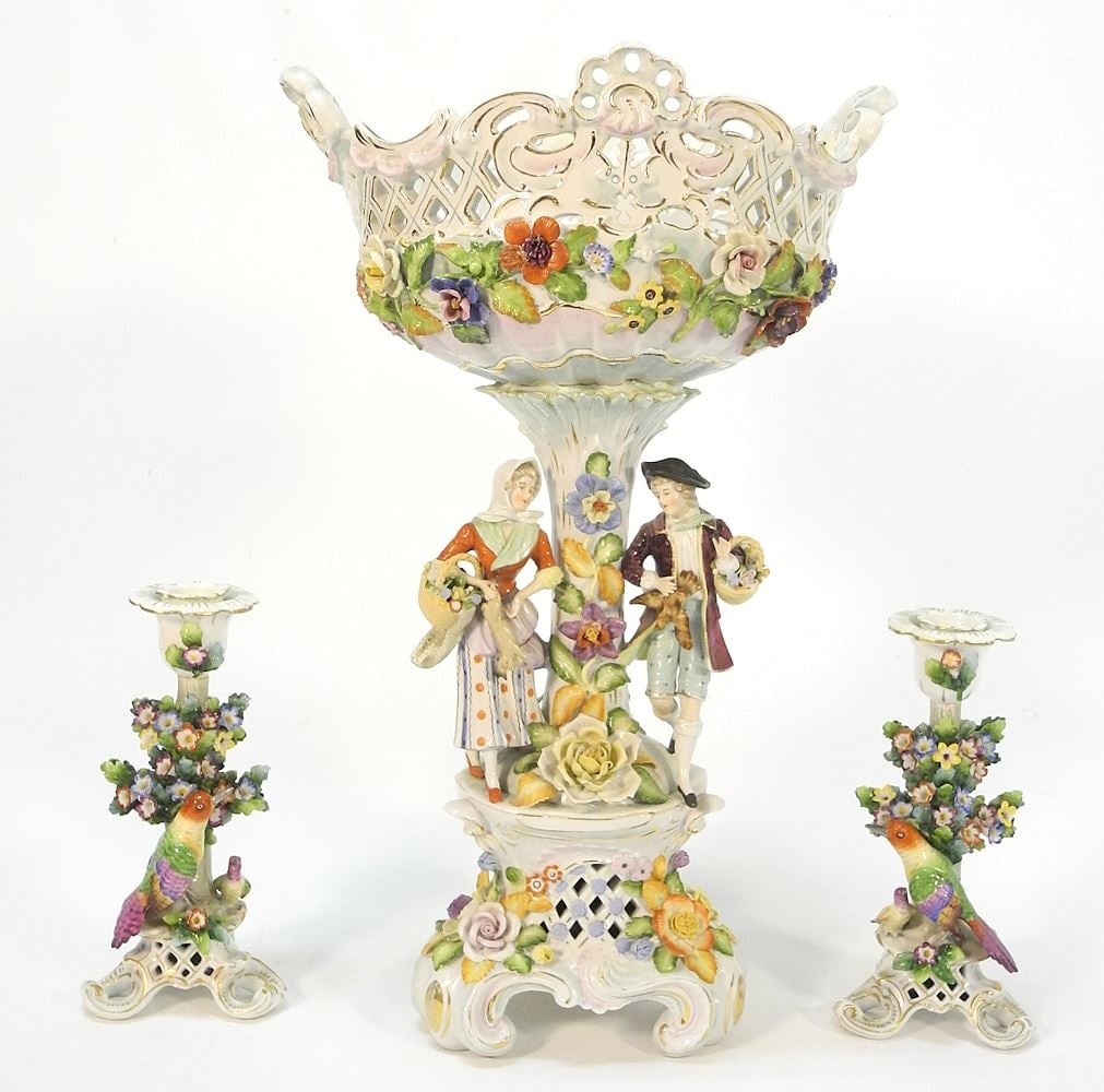 German Porcelain Center Piece and a Pair of Gold Anchor Mark Candlesticks. (1 of 13)