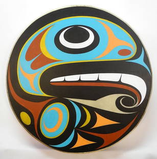 Coast Salish Drum signed Maynard Johnny Jr. 2018, 20" Diam. x 3 1/2", "Orca Design".: Coast Salish Drum signed Maynard Johnny Jr. 2018, 20" Diam. x 3 1/2", "Orca Design".