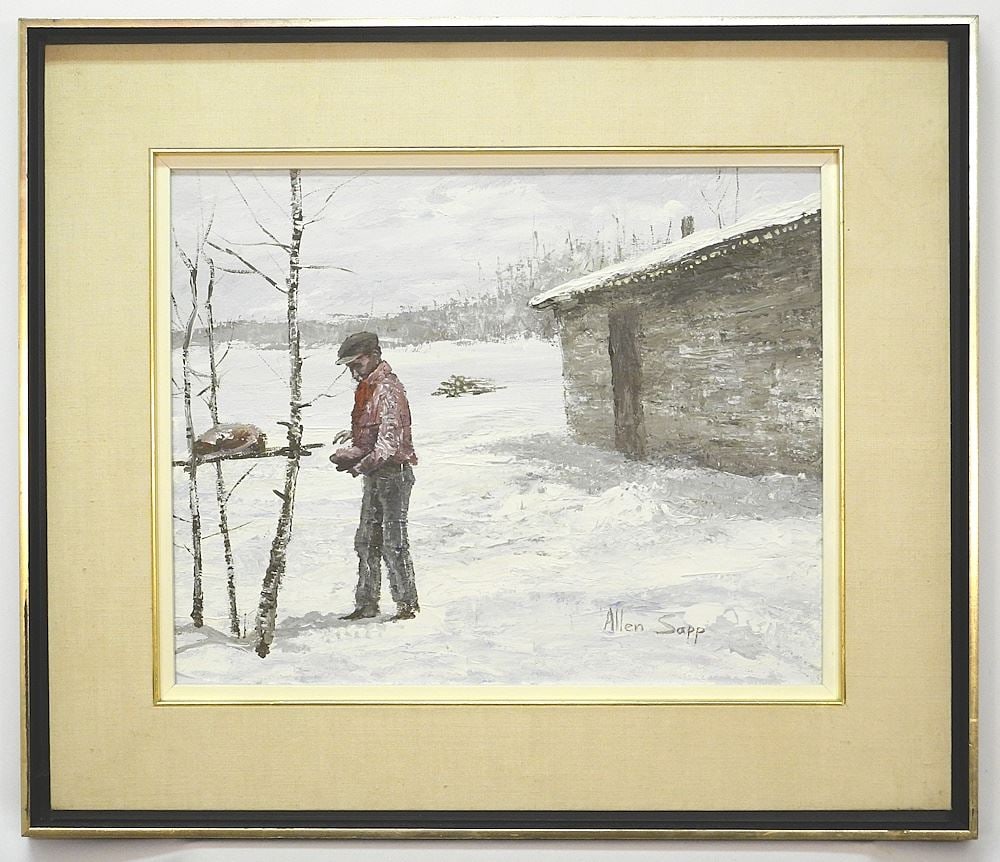 Acrylic on Canvas Signed Allen Sapp, 16"x 20", "Man is Getting Meat", Dated 1972 Verso. (1 of 7)