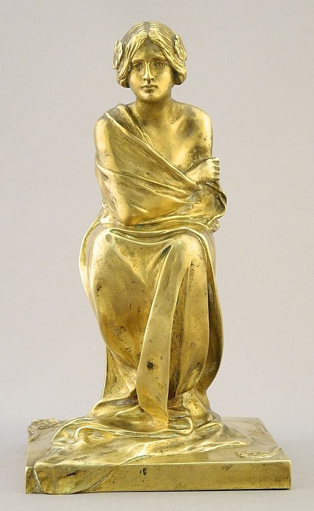Gilt Bronze Figure signed M. (Maurice) Bouval, 7 1/2" x 4 1/4" x 4", "La Pensive". (1 of 10)