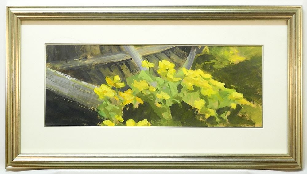 Gouache on Paper signed Myfanwy (Pavelic), 9" x 24", "Derelict Boat & Yellow Flowers".: Gouache on Paper signed Myfanwy (Pavelic), 9" x 24", "Derelict Boat & Yellow Flowers".