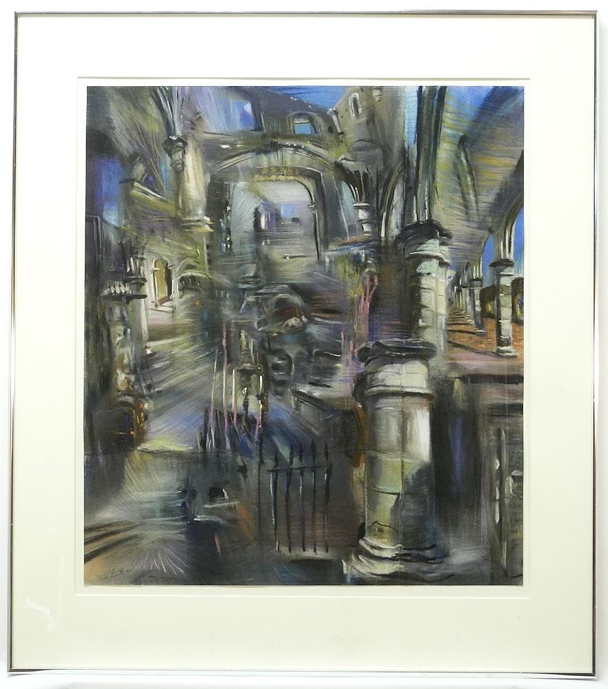 Pastel on Paper signed Brad Pasutti 89', 23 3/4" x 10 3/4", "Untitled Neoclassical Temporal".: Pastel on Paper signed Brad Pasutti 89', 23 3/4" x 10 3/4", "Untitled Neoclassical Temporal".