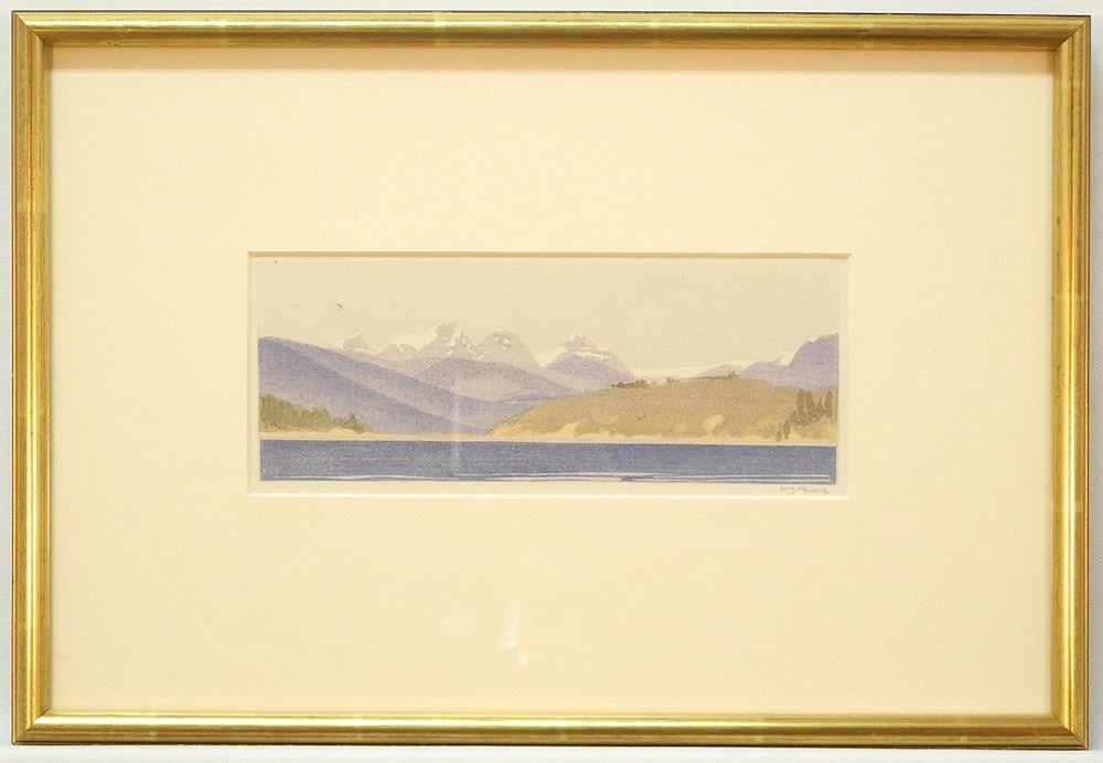 Woodblock Print signed W.J. (Walter Joseph) Phillips, 3 1/2" x 8 7/8", "Agamemnon Channel (1 of 6)
