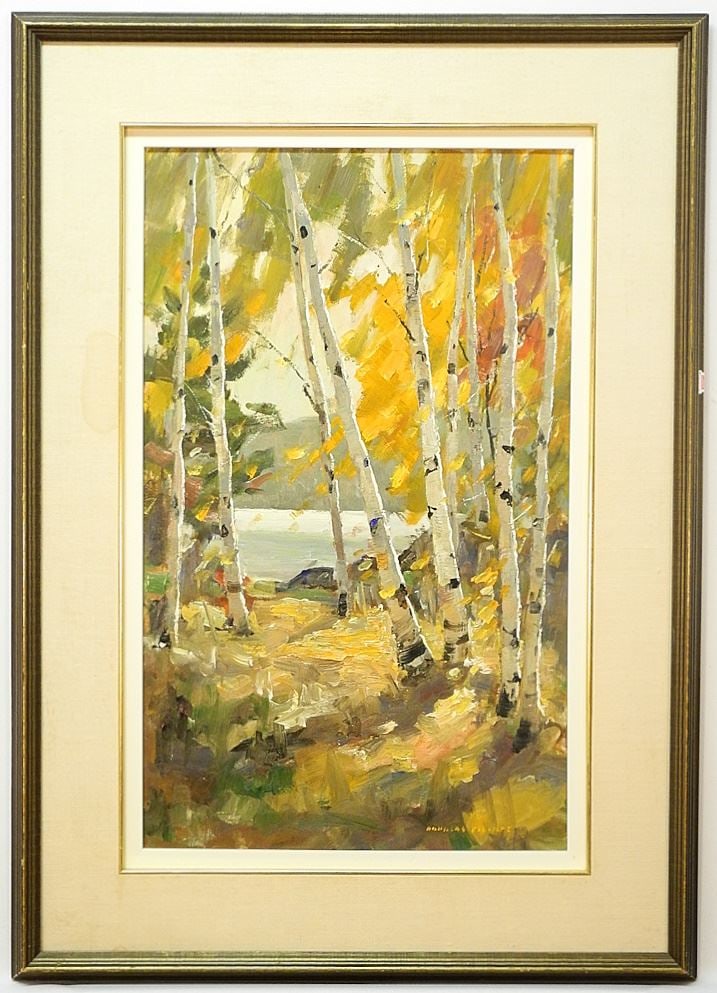 Oil on Board signed Douglas Elliott, 26" x 16", "Madawaska Vertical".: Oil on Board signed Douglas Elliott, 26" x 16", "Madawaska Vertical".