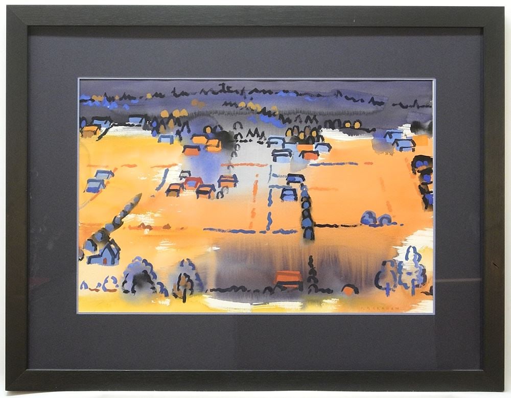 Tempera signed C. (Colin) D. Graham, 13 7/8" x 21 1/8", "Saanich Valley".: Tempera signed C. (Colin) D. Graham, 13 7/8" x 21 1/8", "Saanich Valley".