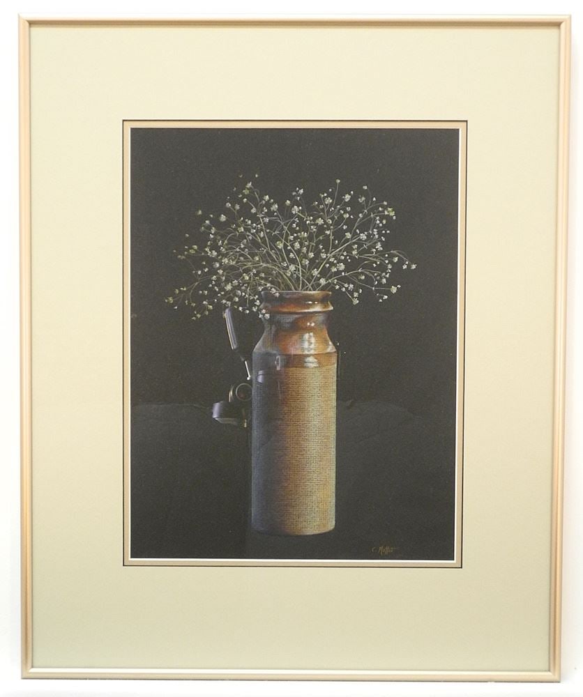 Pastel on Paper signed C (Catherine) Moffat, 13 1/4" x 10", "Still Life with Vase & Flowers".: Pastel on Paper signed C (Catherine) Moffat, 13 1/4" x 10", "Still Life with Vase & Flowers".