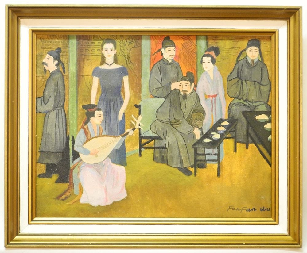 Oil on Canvas signed Fan Fan Wu, 14 1/4" x 18", "Chinese Interior with Western Woman".: Oil on Canvas signed Fan Fan Wu, 14 1/4" x 18", "Chinese Interior with Western Woman".