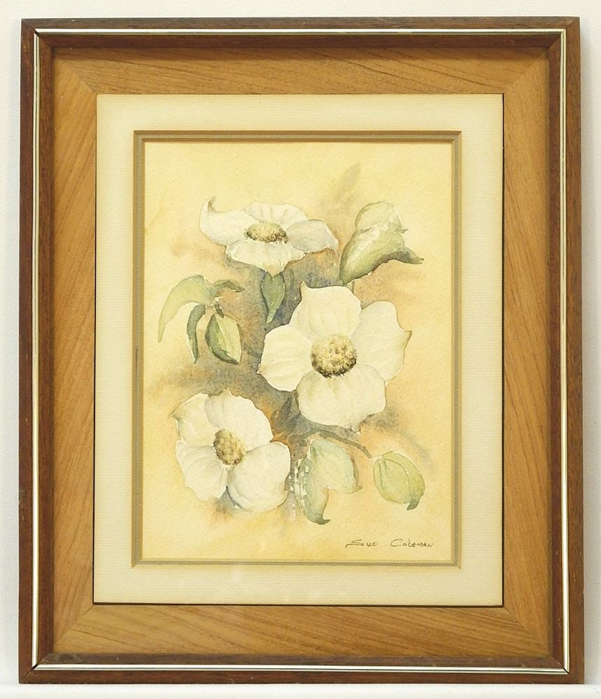 Watercolour signed Sue Coleman, 7 7/8" x 5 5/8", "Dogwoods".: Watercolour signed Sue Coleman, 7 7/8" x 5 5/8", "Dogwoods".