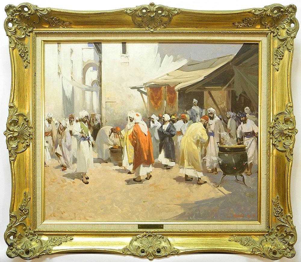 Oil on Canvas signed W.E. (Witman Etelka) Vizkeleti, 19 1/4" x 23", "North African Scene".: Oil on Canvas signed W.E. (Witman Etelka) Vizkeleti, 19 1/4" x 23", "North African Scene".