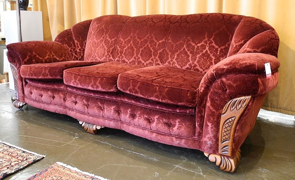 Red Velvet Channel Back Sofa.: Red Velvet Channel Back Sofa.