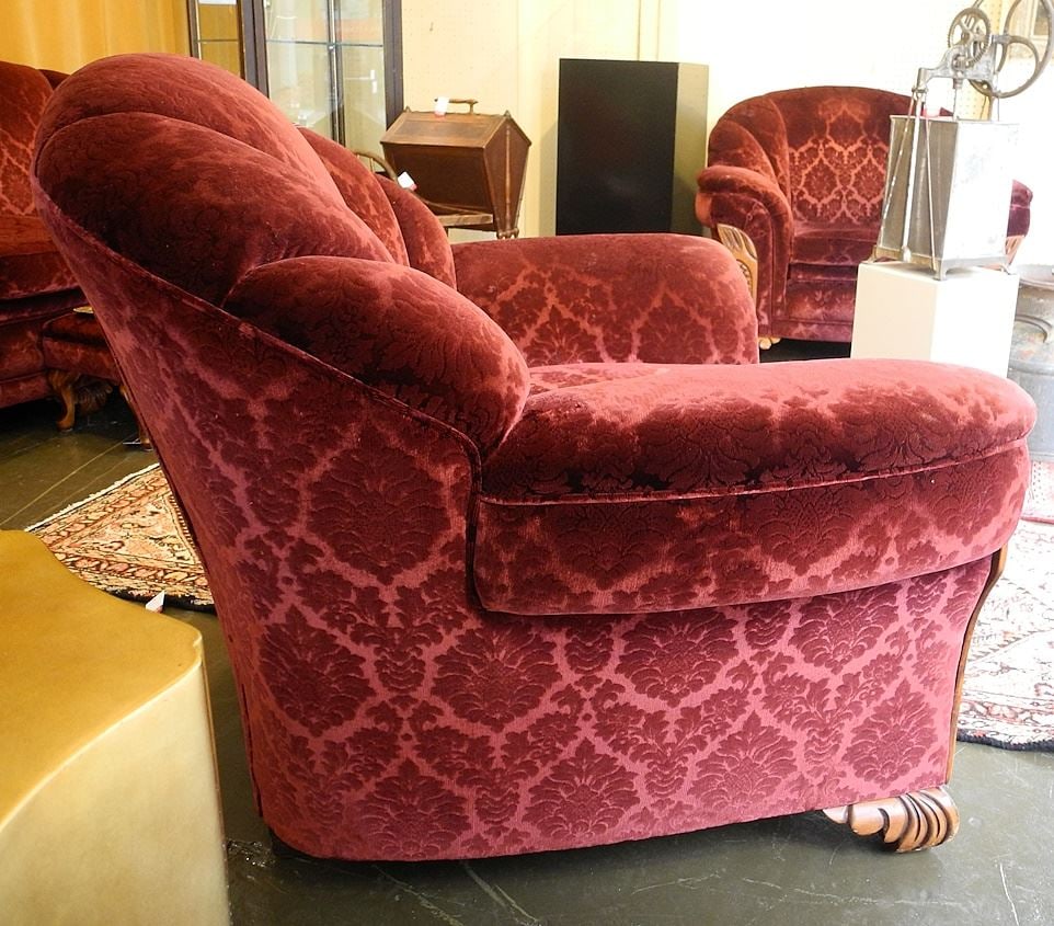 Pair of Red Velvet Channel Back Armchairs. (1 of 4)