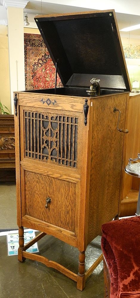 Edison Diamond Disc Phonograph, C. 1909, 49" x 20 1/2" x 22", Model D-25, Serial 802. (1 of 3)