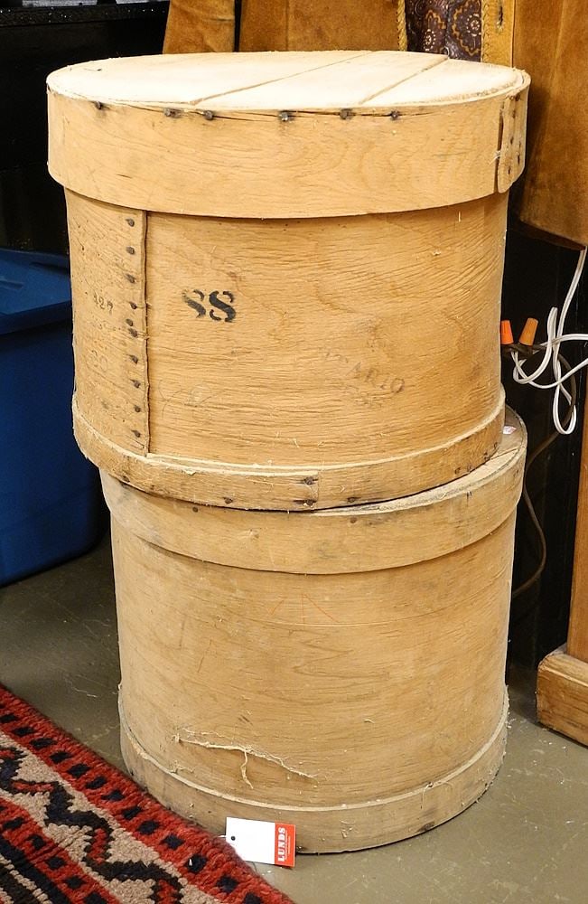 2 Wooden Cheese Boxes, 13 1/4" & 14 1/2"H.: 2 Wooden Cheese Boxes, 13 1/4" & 14 1/2"H.