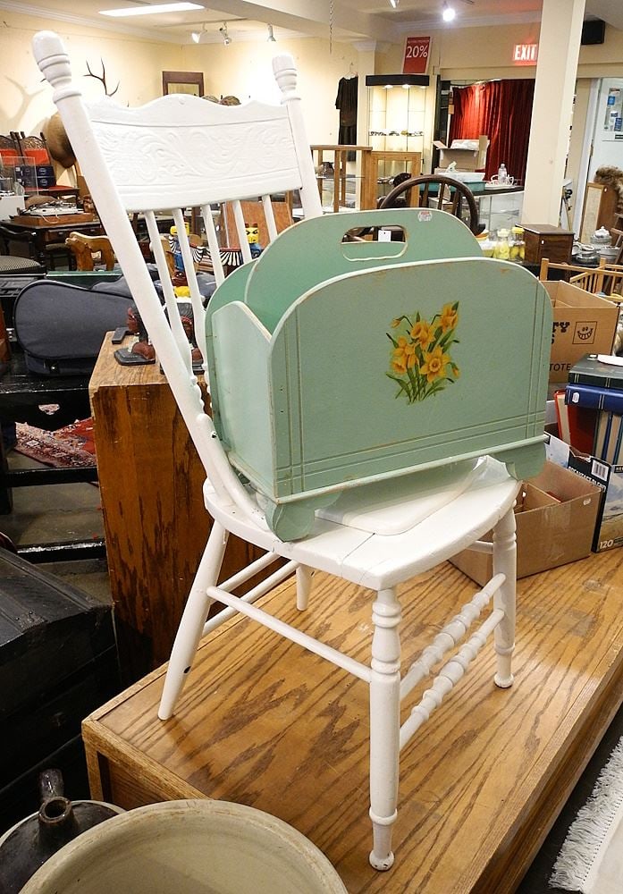White Painted Press Back Dining Chair & Turquoise Magazine Rack.: White Painted Press Back Dining Chair & Turquoise Magazine Rack.