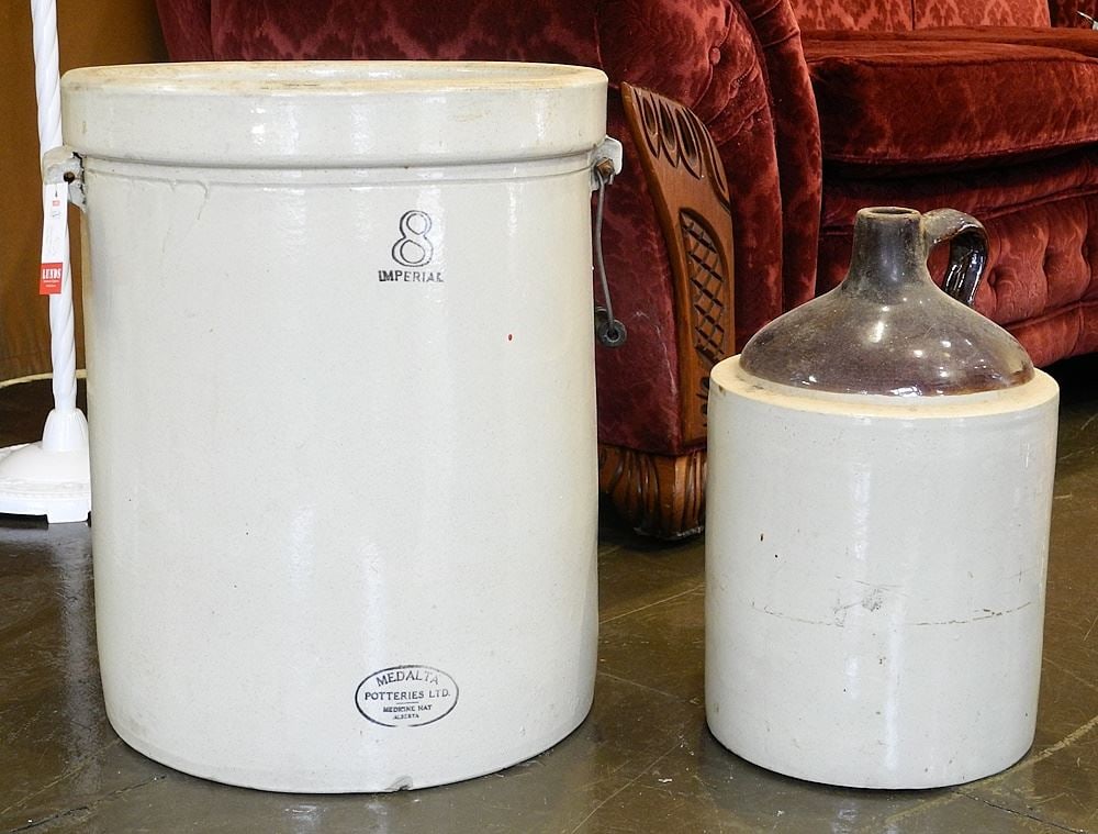 Medalta 8 Gallon Stoneware Crock & Stoneware jug, 17 1/2" & 14 1/2"H. (1 of 3)