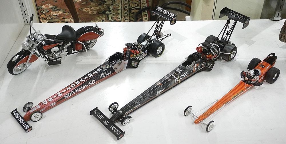 Three Scale Model Dragsters & Motorcycle, 9 1/2 - 17" Long: Three Scale Model Dragsters & Motorcycle, 9 1/2 - 17" Long