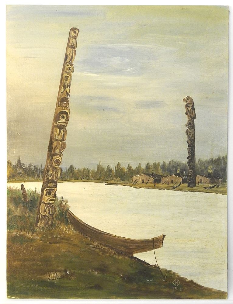 Oil on Board Monogrammed CHD (Charles) Dudoward, 24" x 18", "Totem Poles on the Skeera (1 of 2)