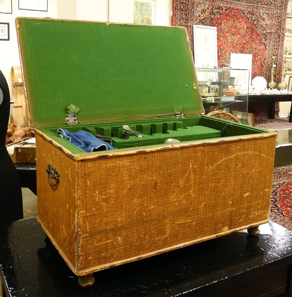 Payan Linen Trunk Containing Silver Plated Cutlery & Linens.: Payan Linen Trunk Containing Silver Plated Cutlery & Linens.