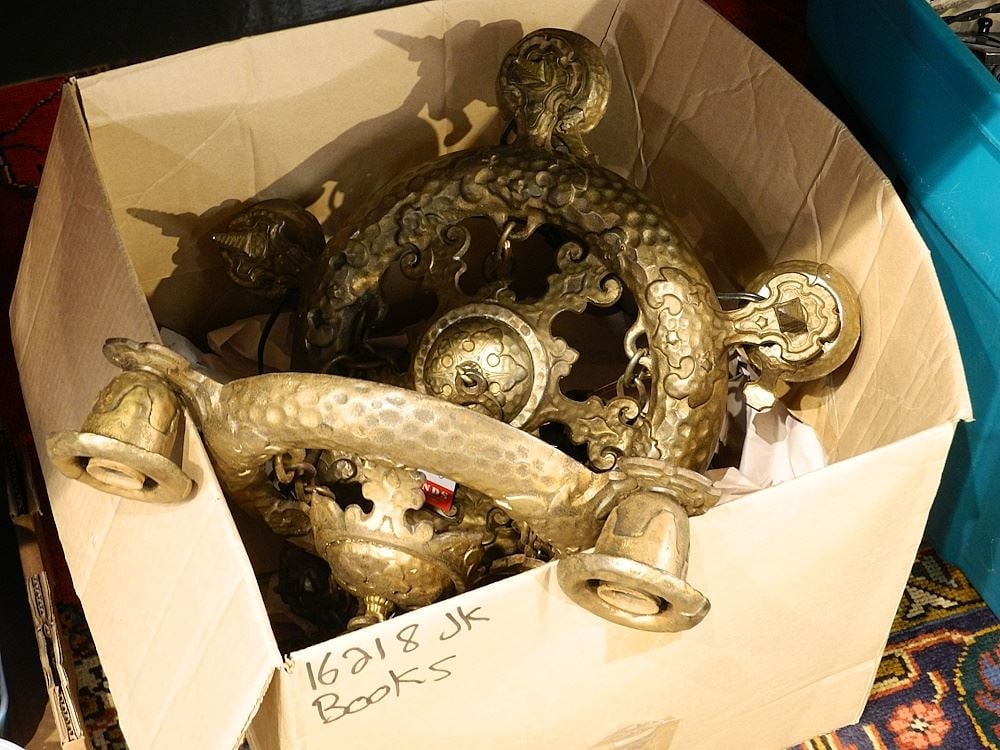 2 Vintage Gilt Cast Metal Light Fixtures, 14" & 18" Diameter. (1 of 2)