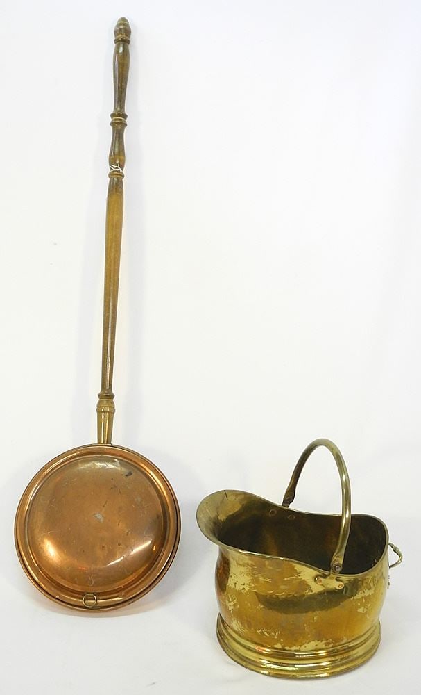 Brass Wood Hod (12 3/4"L) & Copper Bed Warmer, 42"L. (1 of 2)