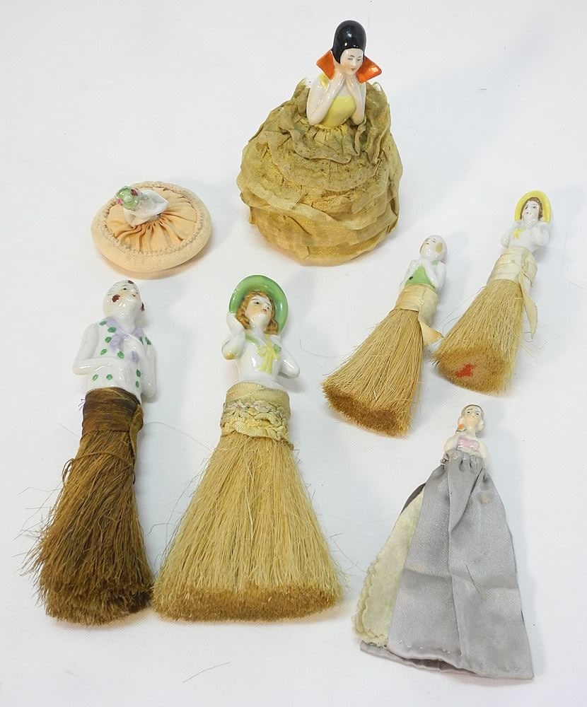 5 Doll Brushes, 1 Powder Puff Doll, 1 Pin Cushion Doll.: 5 Doll Brushes, 1 Powder Puff Doll, 1 Pin Cushion Doll.