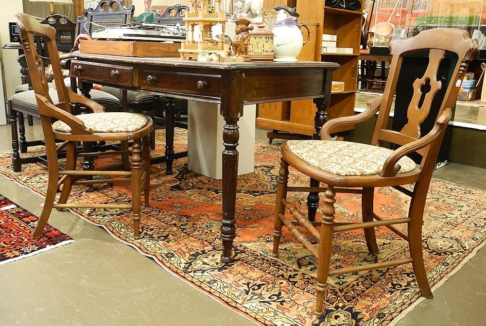 19th C. Mahogany Writing Table (48"W ), with 2 Walnut Chairs. (1 of 5)